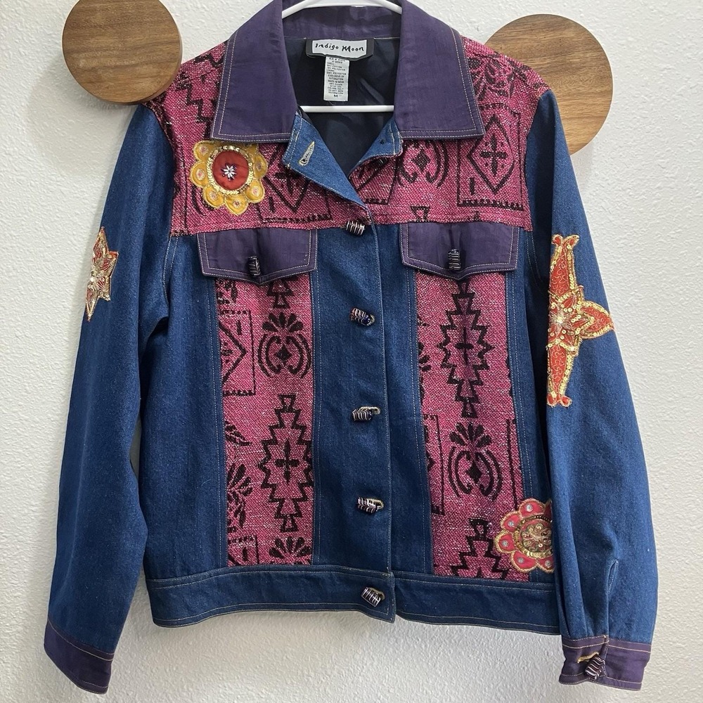 VTG Indigo‎ Moon Denim Jacket Medium Embellished Beaded Patchwork Wearable Art